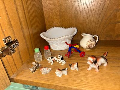 CUT WHITE MILK GLASS DISH, ADORABLE BONE CHINA DALMATIANS AND OTHER SMALL GLASS FRIENDS!