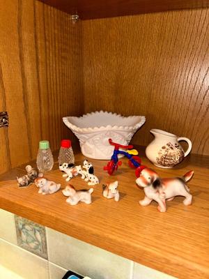 CUT WHITE MILK GLASS DISH, ADORABLE BONE CHINA DALMATIANS AND OTHER SMALL GLASS FRIENDS!