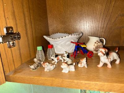 CUT WHITE MILK GLASS DISH, ADORABLE BONE CHINA DALMATIANS AND OTHER SMALL GLASS FRIENDS!