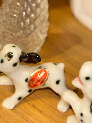 CUT WHITE MILK GLASS DISH, ADORABLE BONE CHINA DALMATIANS AND OTHER SMALL GLASS FRIENDS!