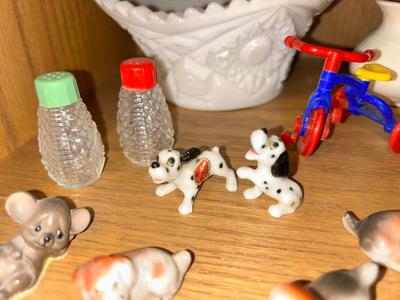 CUT WHITE MILK GLASS DISH, ADORABLE BONE CHINA DALMATIANS AND OTHER SMALL GLASS FRIENDS!