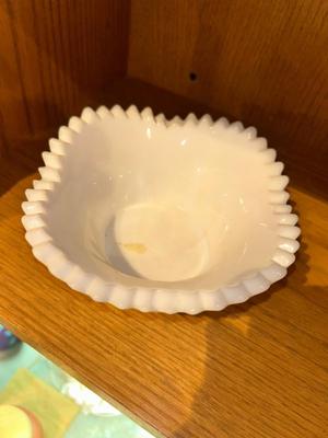 CUT WHITE MILK GLASS DISH, ADORABLE BONE CHINA DALMATIANS AND OTHER SMALL GLASS FRIENDS!