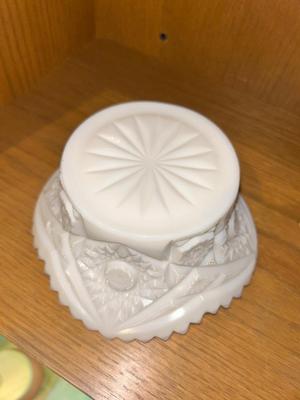 CUT WHITE MILK GLASS DISH, ADORABLE BONE CHINA DALMATIANS AND OTHER SMALL GLASS FRIENDS!