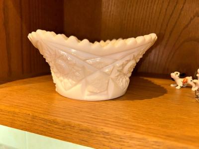 CUT WHITE MILK GLASS DISH, ADORABLE BONE CHINA DALMATIANS AND OTHER SMALL GLASS FRIENDS!