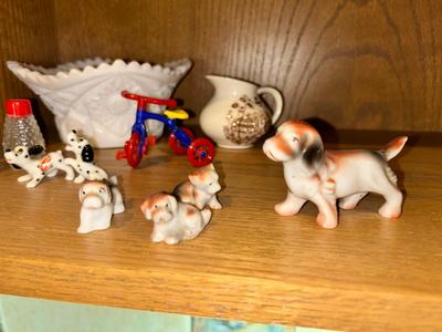 CUT WHITE MILK GLASS DISH, ADORABLE BONE CHINA DALMATIANS AND OTHER SMALL GLASS FRIENDS!