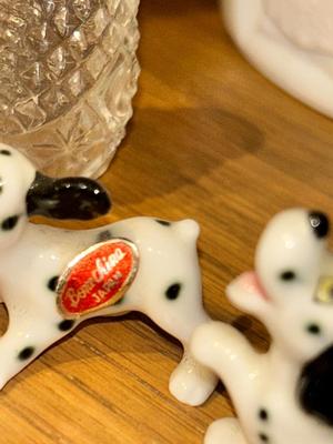 CUT WHITE MILK GLASS DISH, ADORABLE BONE CHINA DALMATIANS AND OTHER SMALL GLASS FRIENDS!