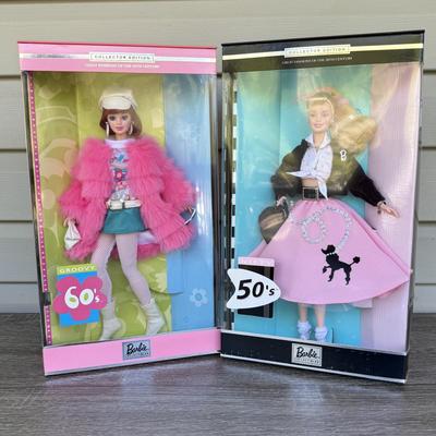 LOT 41P: NRFB Mattel Barbie Collector Edition Dolls, 2000 Great Fashions of the 20th Century: Groovy 60's (27676) & Nifty...