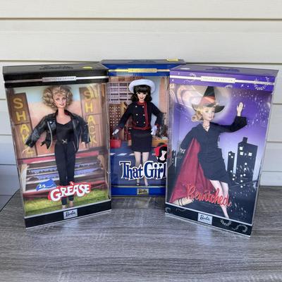LOT 45P: NRFB Mattel Barbie Collector Edition Dolls w/ COAs: That Girl (56705), Bewitched (53570) & Grease Sandy (B2570)