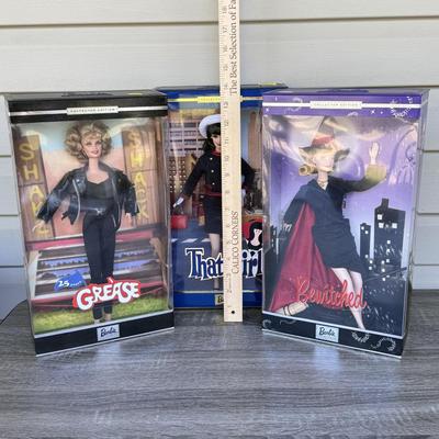LOT 45P: NRFB Mattel Barbie Collector Edition Dolls w/ COAs: That Girl (56705), Bewitched (53570) & Grease Sandy (B2570)