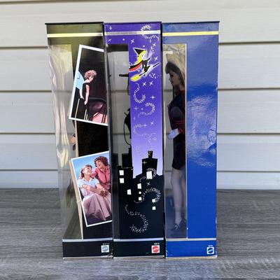 LOT 45P: NRFB Mattel Barbie Collector Edition Dolls w/ COAs: That Girl (56705), Bewitched (53570) & Grease Sandy (B2570)