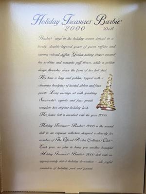 LOT 50P: NRFB Mattel Barbie Dolls: 2000 Limited Edition Barbie Collector Club Holiday Treasures Barbie (27673), 1999 Millennium Princess...