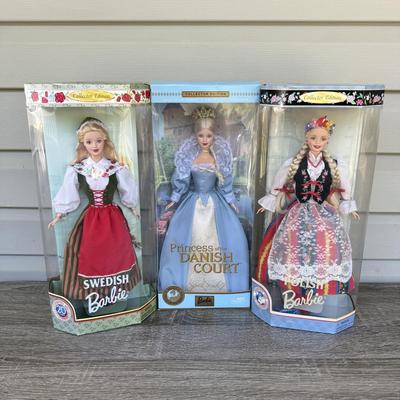 LOT 57H: NRFB Mattel Barbie Collector Edition Dolls of the World: 1997 Polish Barbie (18560), 1999 Swedish Barbie (24672) & 2002...