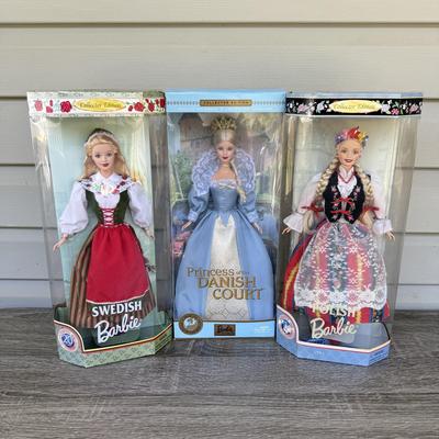 LOT 57H: NRFB Mattel Barbie Collector Edition Dolls of the World: 1997 Polish Barbie (18560), 1999 Swedish Barbie (24672) & 2002...
