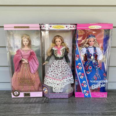 LOT 60H: NRFB Mattel Collector Edition Barbie Dolls of the World: 1998 Austrian Barbie (21553), 1995 Norwegian Barbie (14450) & 2003...