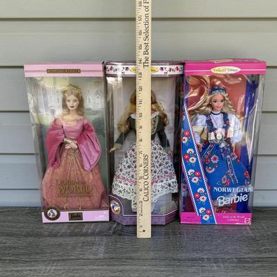 LOT 60H: NRFB Mattel Collector Edition Barbie Dolls of the World: 1998 Austrian Barbie (21553), 1995 Norwegian Barbie (14450) & 2003...