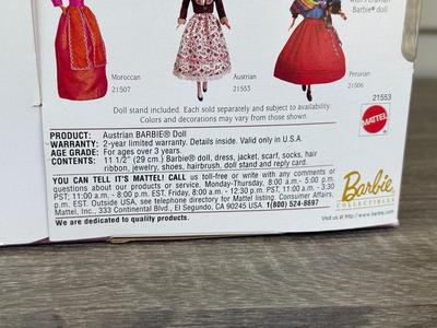 LOT 60H: NRFB Mattel Collector Edition Barbie Dolls of the World: 1998 Austrian Barbie (21553), 1995 Norwegian Barbie (14450) & 2003...