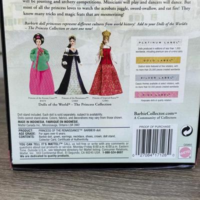 LOT 61H: NRFB 2004 Mattel 25th Anniversary Barbie Collector Pink Label Princess Dolls of the World: Renaissance (G5860), Korean Court...