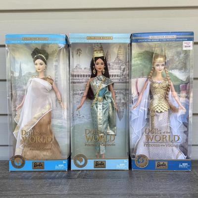 LOT 62H: NRFB 2003 Mattel Barbie Collector Edition Princess Dolls of the World: Ancient Greece (B3461), Cambodia (B3460) & Vikings...