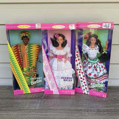 LOT 63H: NRFB 1995-96 Mattel Collector Edition Barbie Dolls of the World: Ghanian Barbie (15303), Puerto Rican Barbie (16754) &...