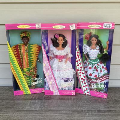 LOT 63H: NRFB 1995-96 Mattel Collector Edition Barbie Dolls of the World: Ghanian Barbie (15303), Puerto Rican Barbie (16754) &...