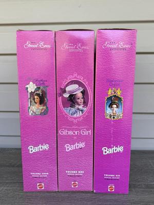 LOT 71H: NRFB Mattel Collector Edition Barbie Great Eras Collection Dolls: 1993 1850's Southern Belle (11475), 1993 Gibson Girl...