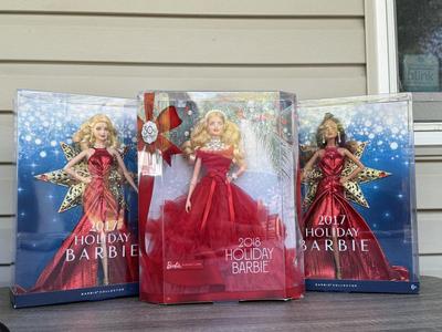 LOT 73P: NRFB Mattel Barbie Collector 2017 Holiday Barbies (DYX39 & DYX41) & Barbie Signature 30th Anniversary 2018 Holiday...