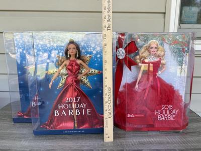 LOT 73P: NRFB Mattel Barbie Collector 2017 Holiday Barbies (DYX39 & DYX41) & Barbie Signature 30th Anniversary 2018 Holiday...