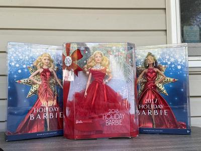LOT 73P: NRFB Mattel Barbie Collector 2017 Holiday Barbies (DYX39 & DYX41) & Barbie Signature 30th Anniversary 2018 Holiday...