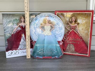 LOT 74P: NRFB Mattel Barbie Collector Holiday Barbie Dolls: 2014 (BDH13), 2015 (CHR76) & The Peace Hope Love Collection 2016 (DGX98)