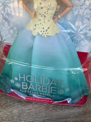 LOT 74P: NRFB Mattel Barbie Collector Holiday Barbie Dolls: 2014 (BDH13), 2015 (CHR76) & The Peace Hope Love Collection 2016 (DGX98)