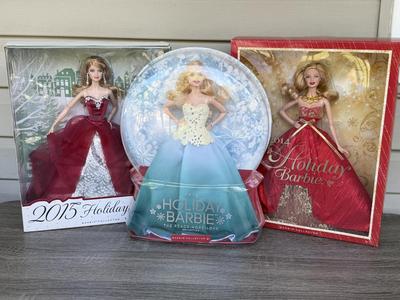 LOT 74P: NRFB Mattel Barbie Collector Holiday Barbie Dolls: 2014 (BDH13), 2015 (CHR76) & The Peace Hope Love Collection 2016 (DGX98)