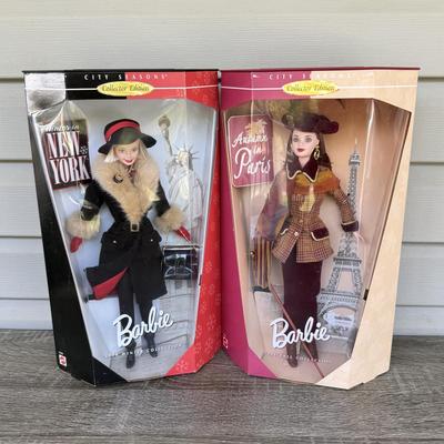 LOT 121P: NRFB 1998 Mattel Collector Edition Barbie City Seasons Dolls: Winter in New York (19429) & Fall in Paris (19367)