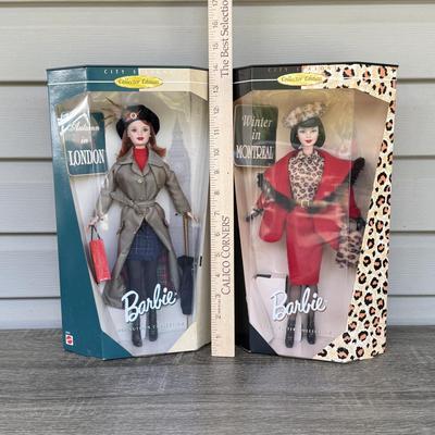 LOT 122P: NRFB 1999 Mattel Collector Edition Barbie City Seasons Dolls: Autumn in London (22257) & Winter in Montreal (22258)