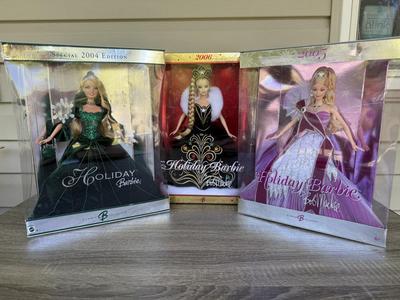 LOT 130P: NRFB Mattel Holiday Barbie Collector Dolls: 2004 (B5848) & Bob Mackie: 2005 (G8058) & 2006 (J0949)
