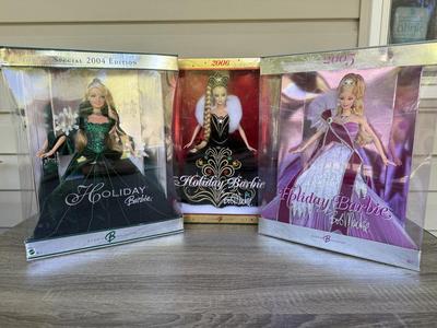 LOT 130P: NRFB Mattel Holiday Barbie Collector Dolls: 2004 (B5848) & Bob Mackie: 2005 (G8058) & 2006 (J0949)