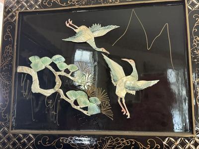LOT 142D: Stunning Vintage Mother of Pearl Inlay Black Lacquer Folding Screen