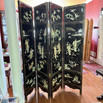 LOT 142D: Stunning Vintage Mother of Pearl Inlay Black Lacquer Folding Screen