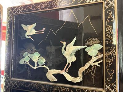 LOT 142D: Stunning Vintage Mother of Pearl Inlay Black Lacquer Folding Screen