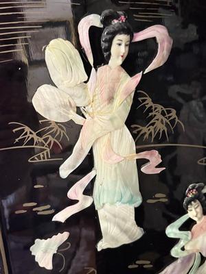 LOT 142D: Stunning Vintage Mother of Pearl Inlay Black Lacquer Folding Screen
