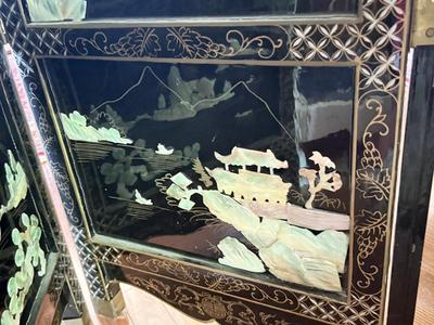 LOT 142D: Stunning Vintage Mother of Pearl Inlay Black Lacquer Folding Screen