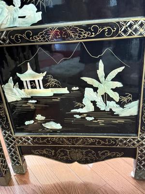 LOT 142D: Stunning Vintage Mother of Pearl Inlay Black Lacquer Folding Screen