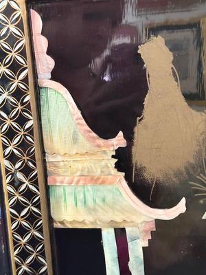 LOT 142D: Stunning Vintage Mother of Pearl Inlay Black Lacquer Folding Screen