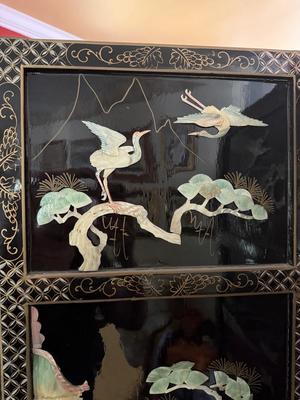 LOT 142D: Stunning Vintage Mother of Pearl Inlay Black Lacquer Folding Screen