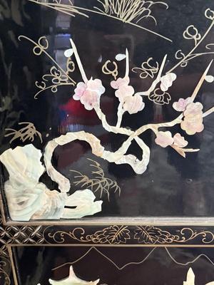 LOT 142D: Stunning Vintage Mother of Pearl Inlay Black Lacquer Folding Screen