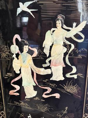 LOT 142D: Stunning Vintage Mother of Pearl Inlay Black Lacquer Folding Screen