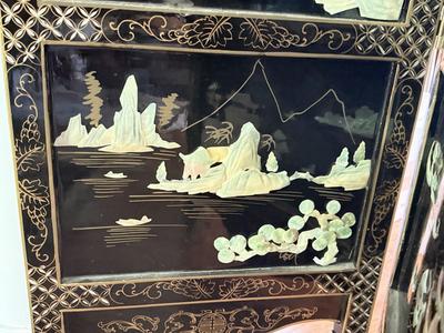 LOT 142D: Stunning Vintage Mother of Pearl Inlay Black Lacquer Folding Screen