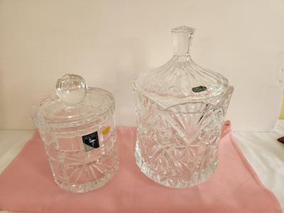 Lot #139 Lot of 2 Crystal Biscuit Barrels - good condition