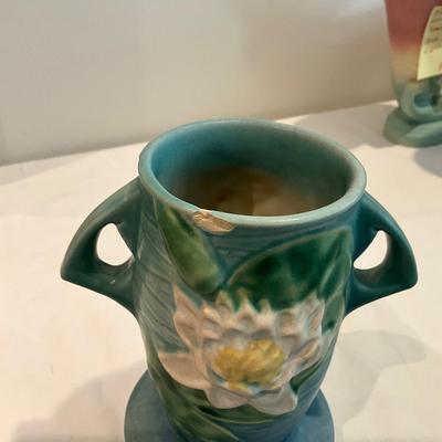 L814 Antique Roseville Pottery Blue Water Lily and Magnolia Flower Pot