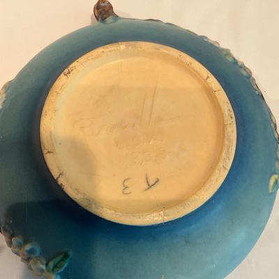L816 Antique Roseville Blue Apple Blossom Centerpiece Bowl with Flower Frog