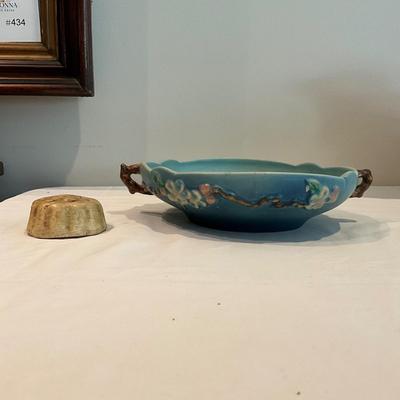 L816 Antique Roseville Blue Apple Blossom Centerpiece Bowl with Flower Frog